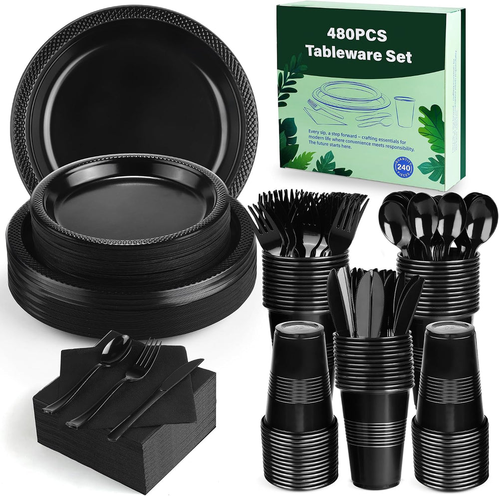 Kochorie 480 Pieces Black Plastic Dinnerware Set for 60 Guests Disposable Hea...