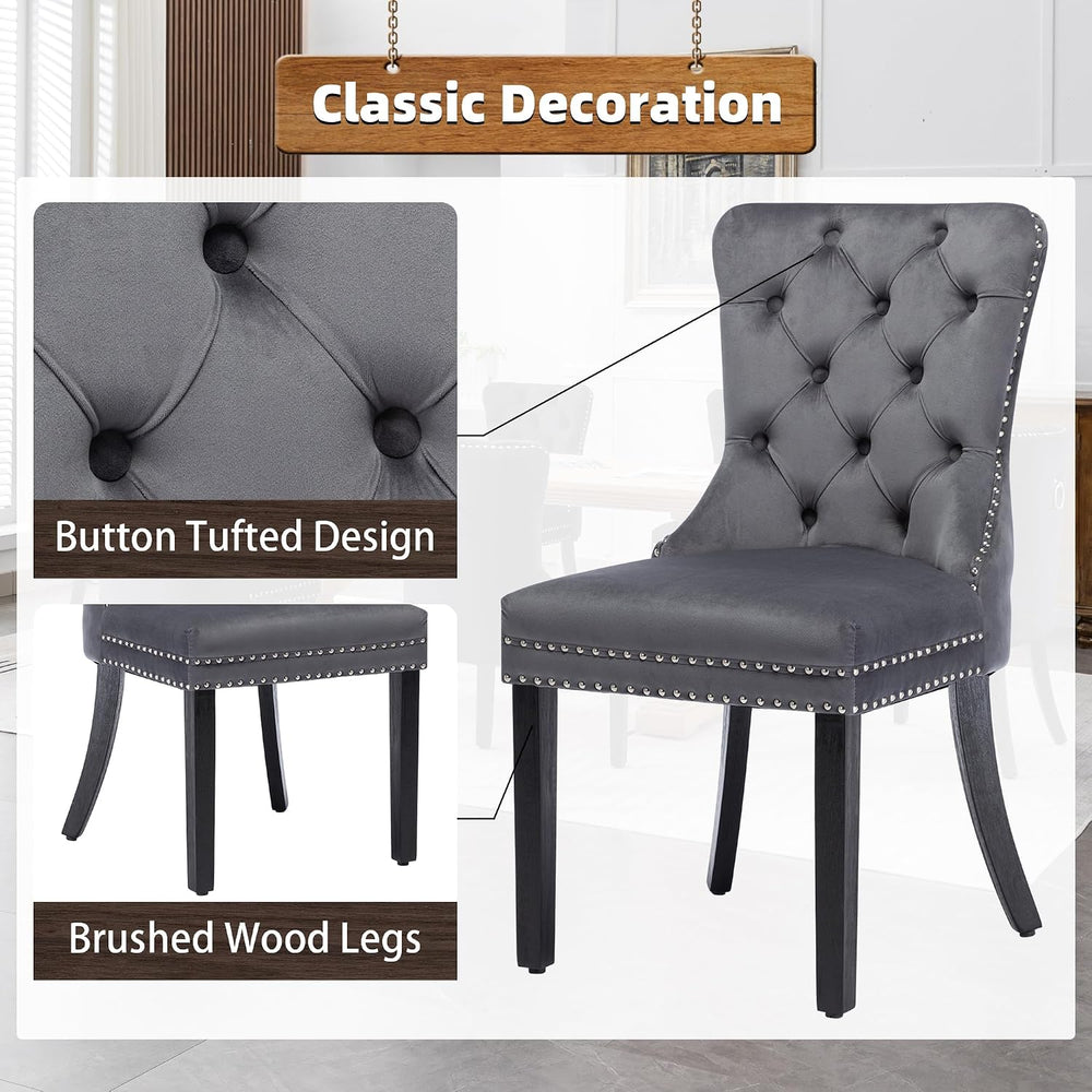 Velvet Dining Room Chairs Set of 2, Button Tufted, Wood Legs, Dark Gray