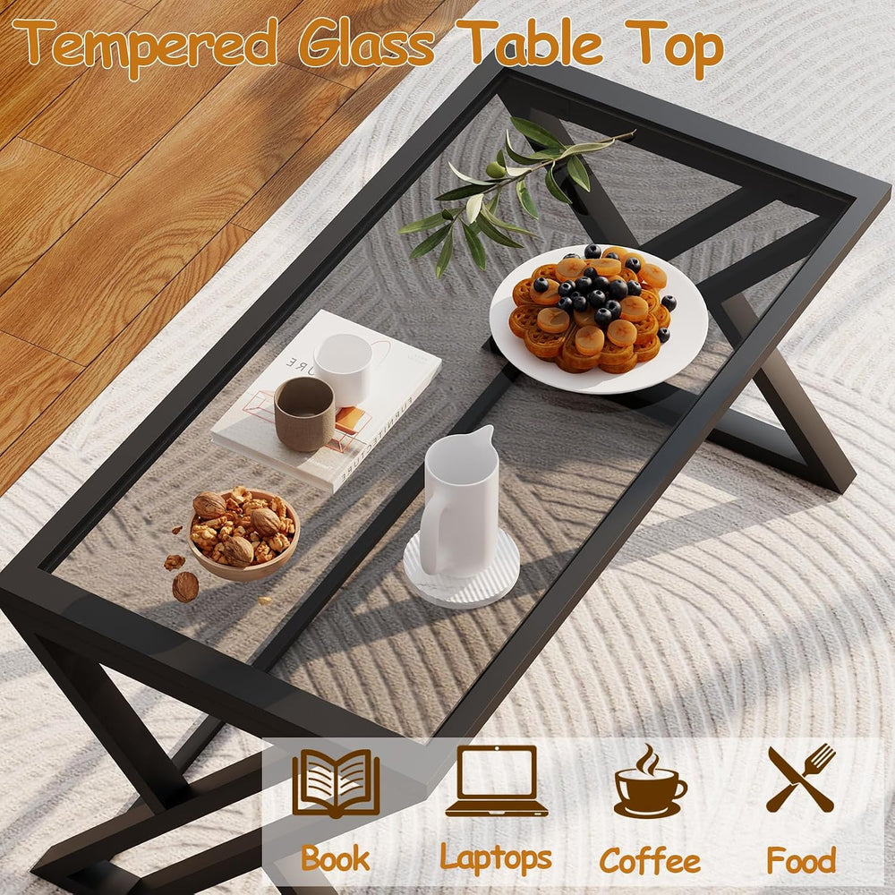 Wolawu Coffee Table Grey Glass Coffee Table for Living Room,Modern Rectangula...