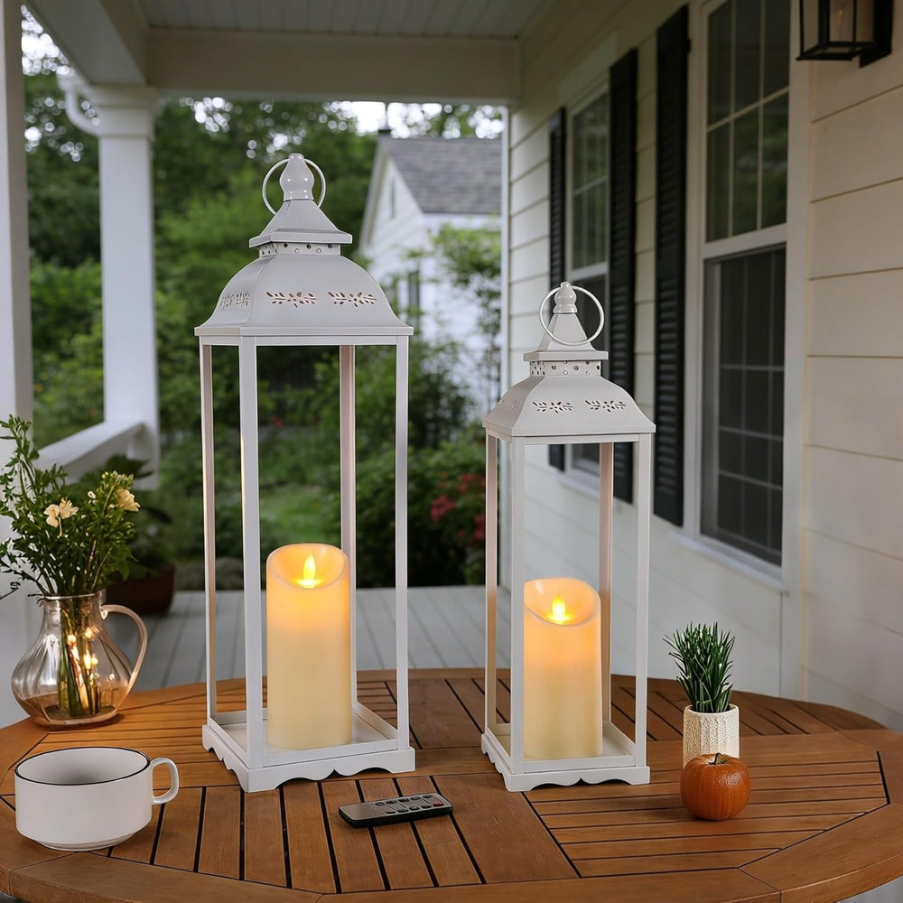 Decorative Candle Lanterns, Large 2Pcs, White Metal for Indoor & Outdoor