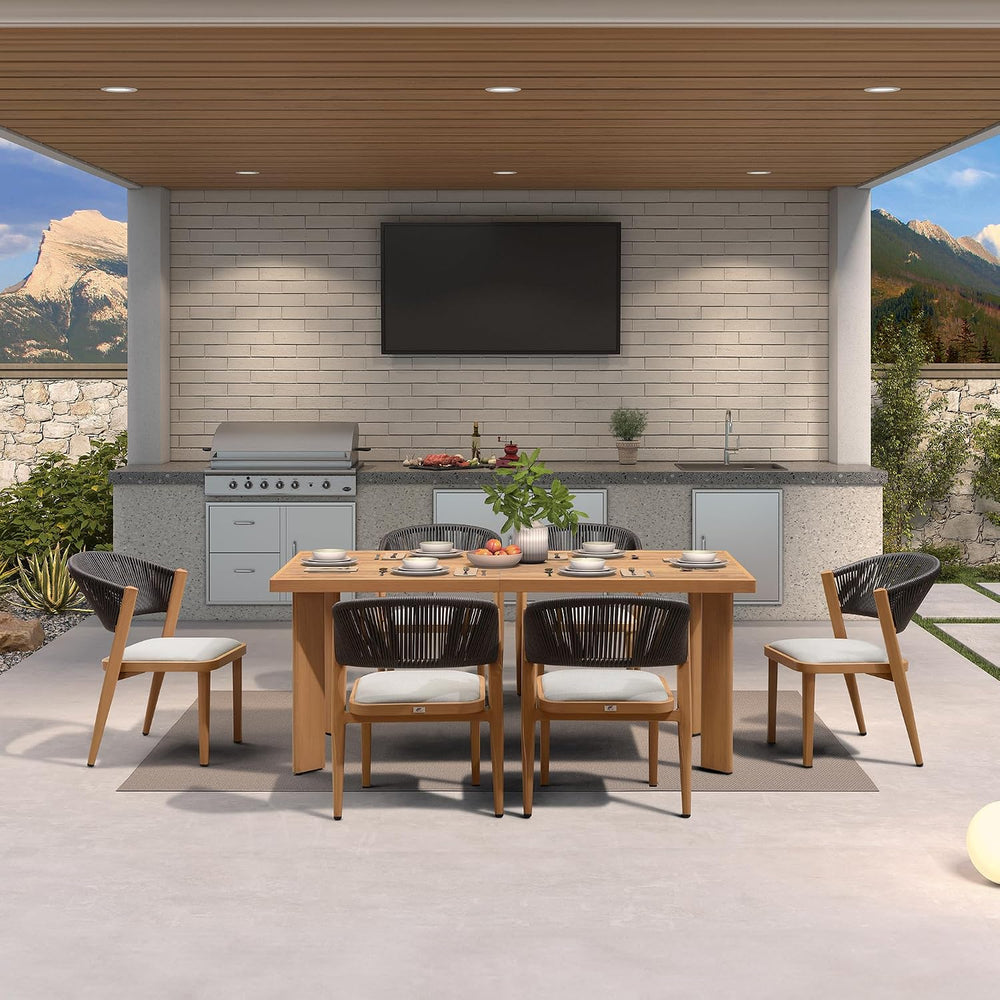 PURPLE LEAF Outdoor Dining Set for 6 with HPL Table and Chairs Modern Teak
