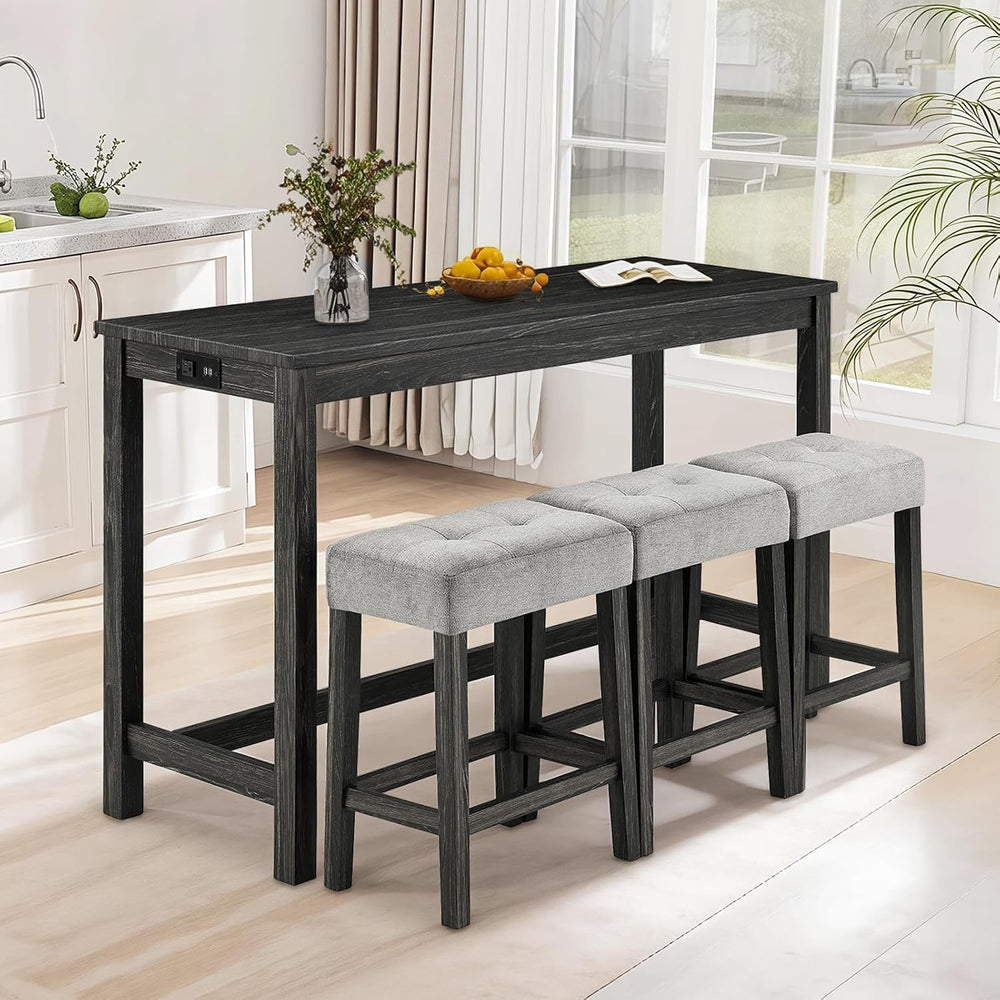 LKTART 4 Piece Bar Table Set Dining Bar Table and Chairs Set with Power Outle...