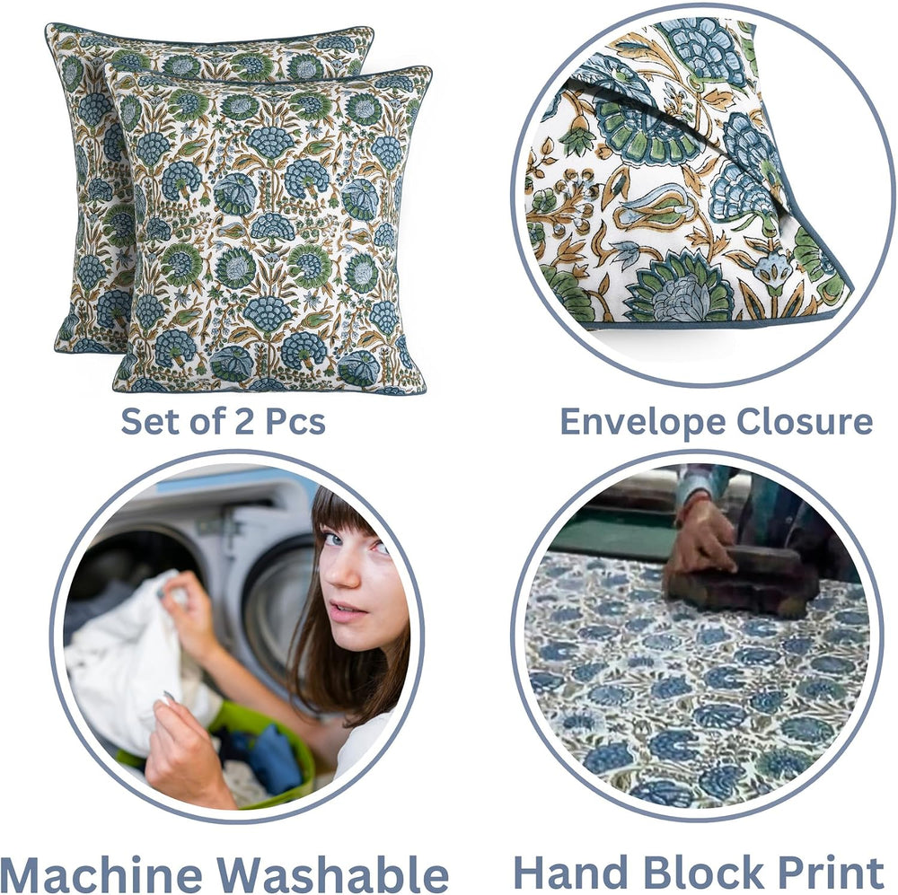 Ridhi Block Print Asparagus Green Pillow Cover 18" x 18" (Pack of 2...