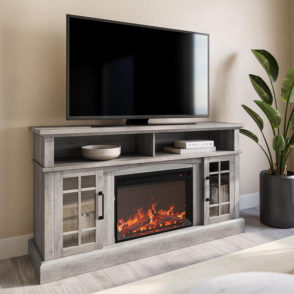BELLEZE Astorga 58" TV Stand with 23" Electric Fireplace - Grey Wash