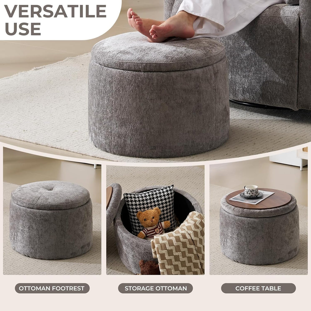 Modern Round Storage Ottoman with Reversible Tray Lid,Chenille Ottoman Foot S...