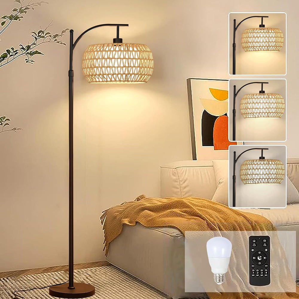 Arc Floor Lamps for Living Room Rattan Boho Floor Lamp with Remote Control,Di...