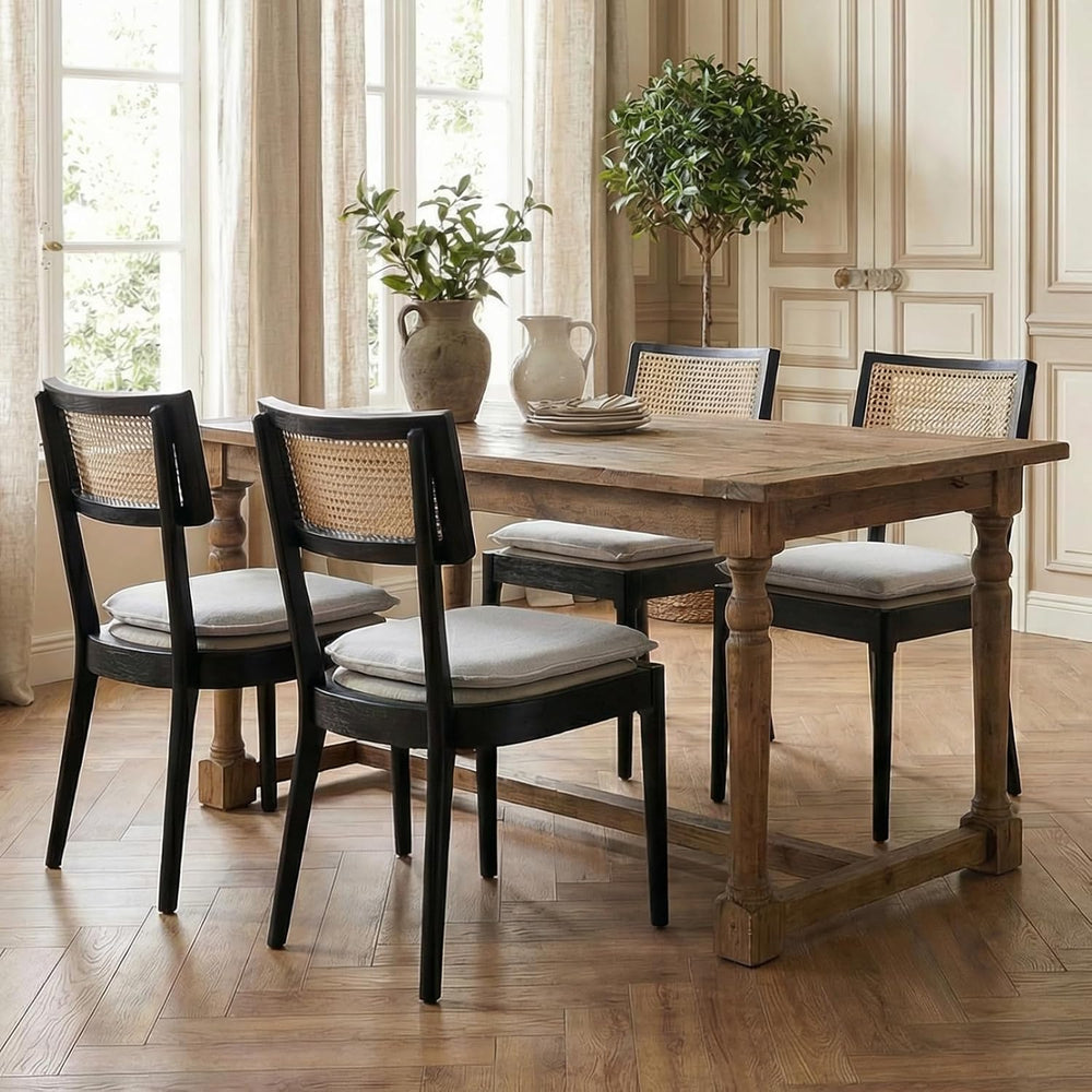 Rattan Dining Chairs Set of 6, Linen Upholstered Kitchen Chairs