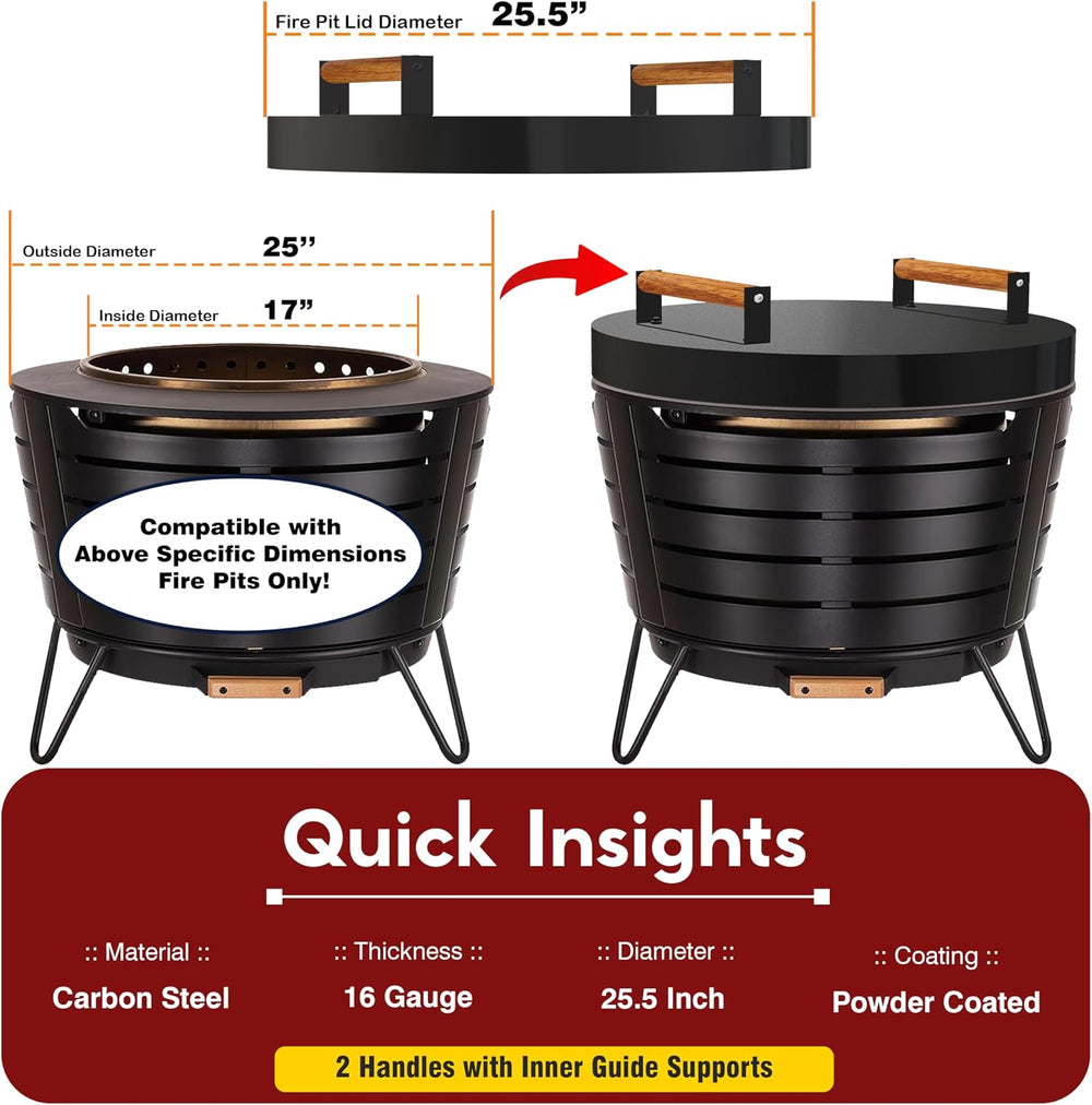 FEBTECH Firepit Lid Compatible with Fire Pit Inside up to 23" - Carbon S...