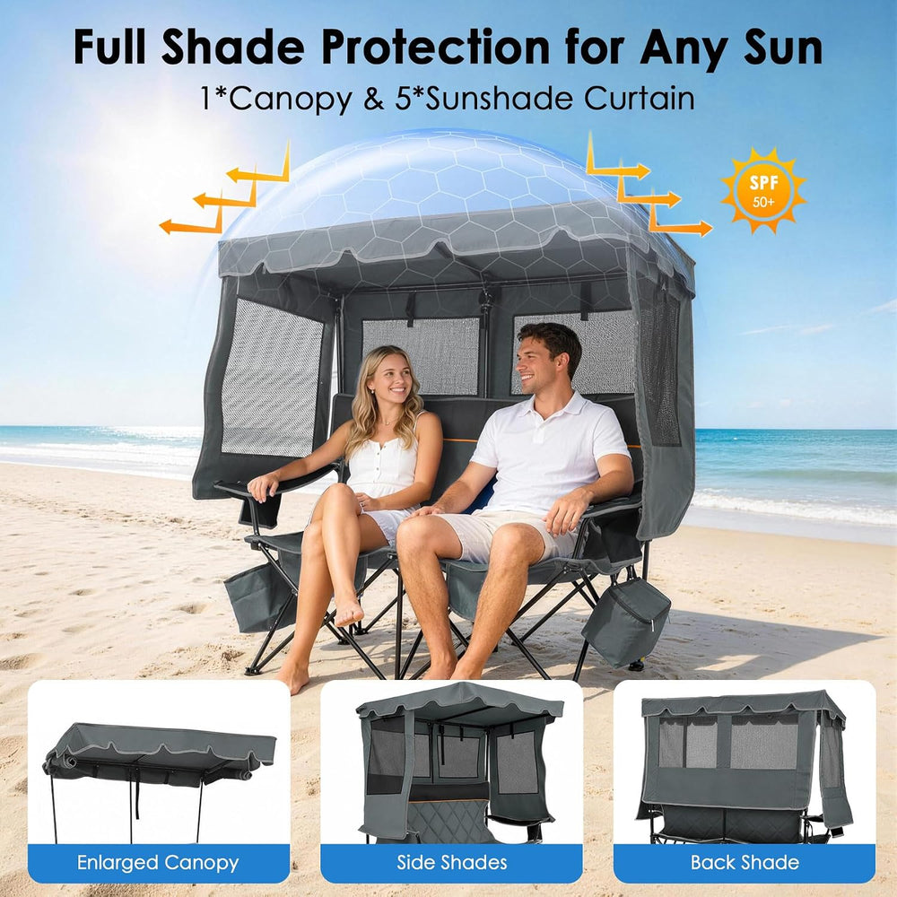 Suteck Double Camping Chair with Canopy, 660lbs Folding Loveseat with Shade