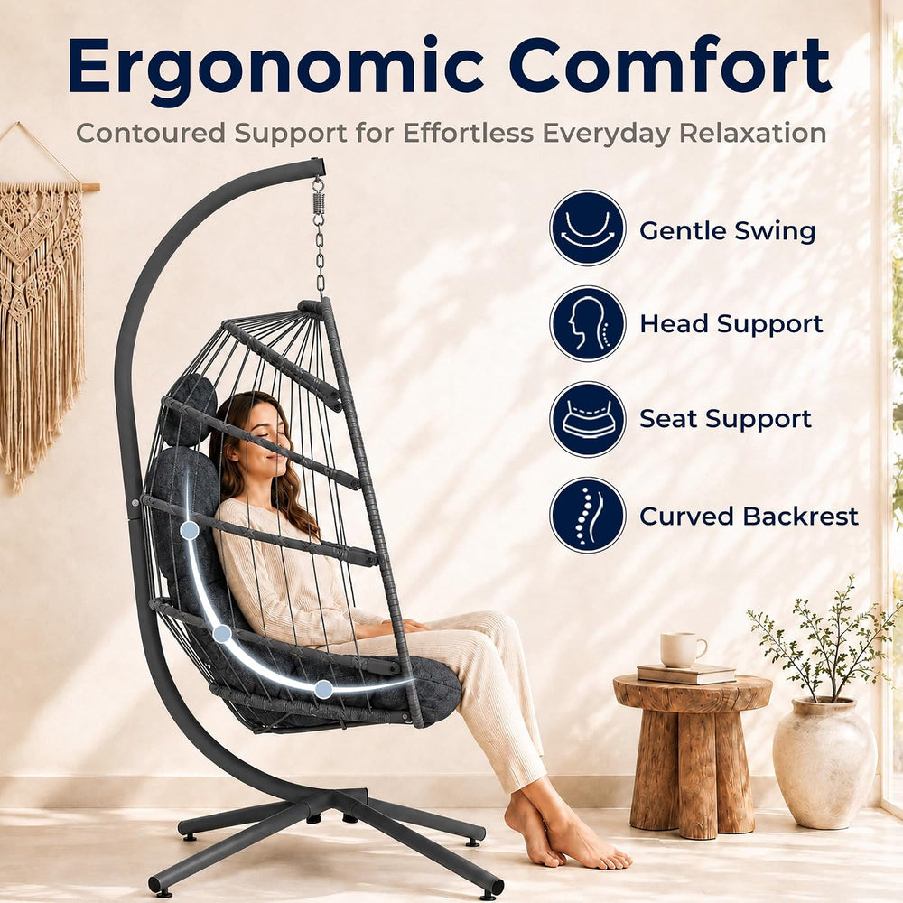 SWITTE Egg Chair Outdoor with Stand, Indoor Wicker Hanging Egg Swing, Grey