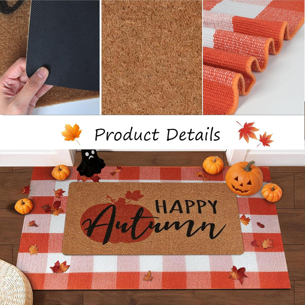 2-Piece Fall Front Door Mat Set, Layered Coir & Orange White Plaid Mats