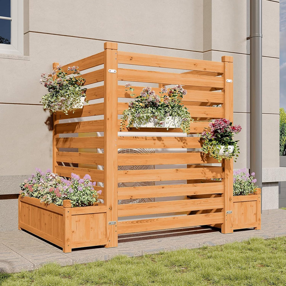 Aoxun Air Conditioner Fence, 3-Panel Wood Privacy Screen with Planter Box