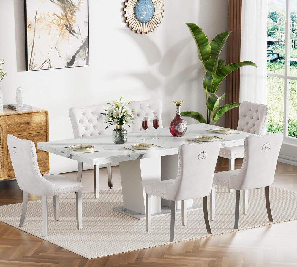 HomVent White Faux Marble Expandable Dining Table Set for 6