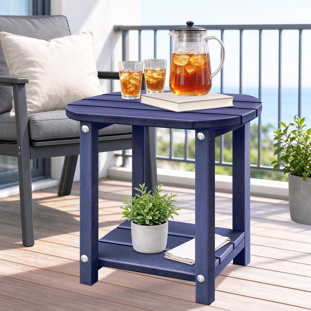 LZRS 2-Tier Patio Side Table, Heavy Duty HDPE Outdoor End Table with Wood Tex...