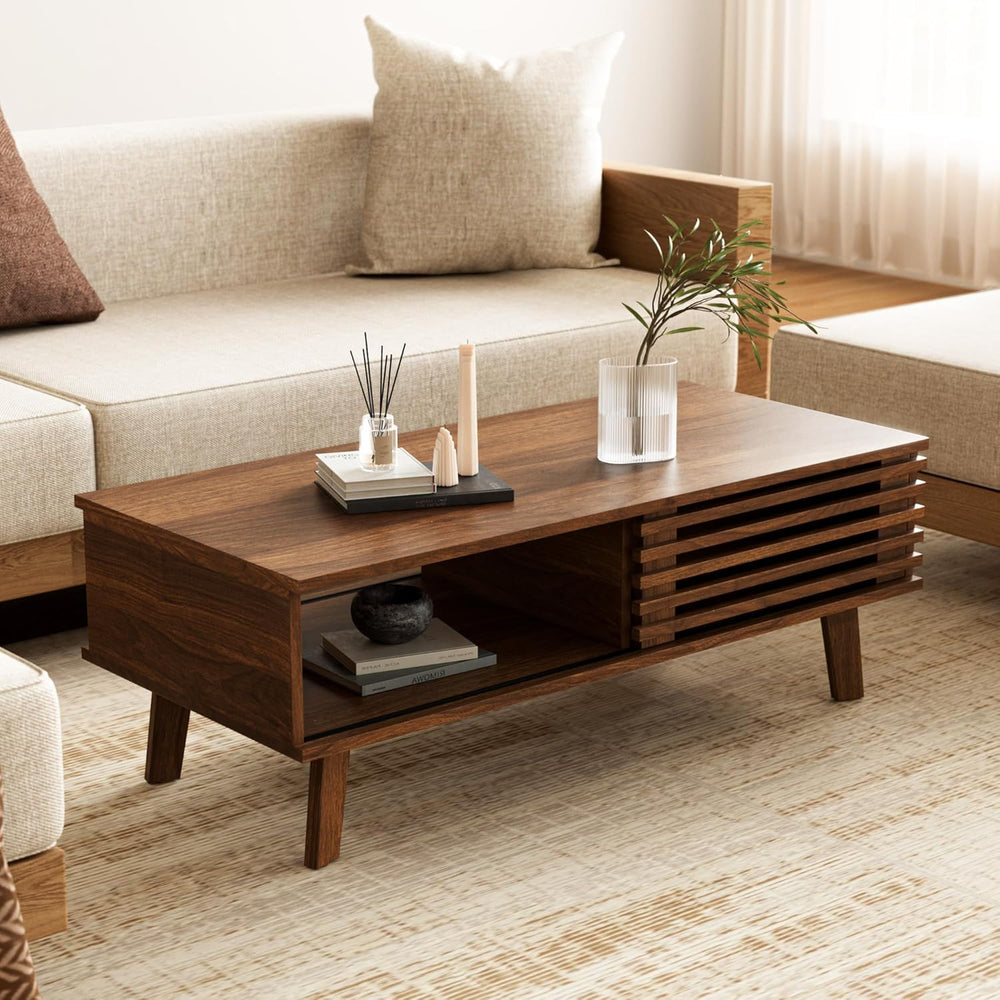 Mid Century Modern Coffee Table, Wood Coffee Table with Storage, Walnut