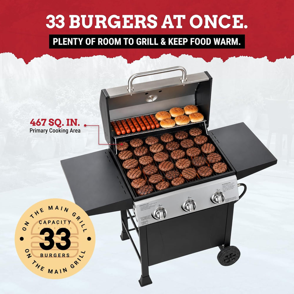 Grill Boss 3 Burner Propane Gas Grill, Portable BBQ, Lid, Wheels & Shelves