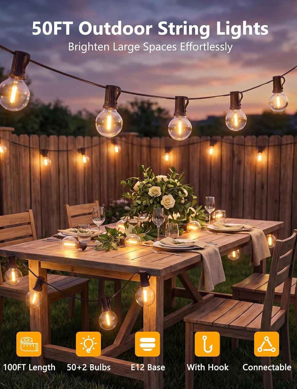 100FT Outdoor String Lights - Shatterproof G40 LED Bulbs, Waterproof Connecta...