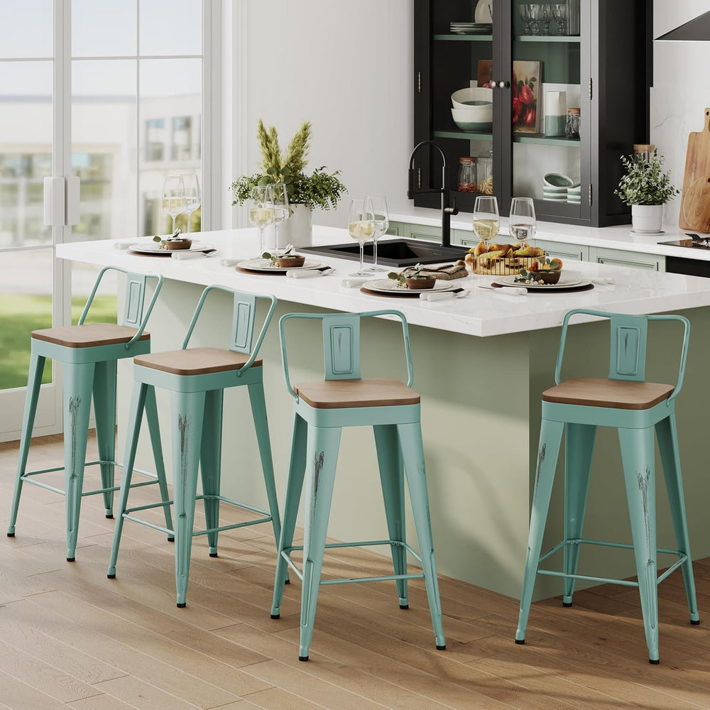 Andeworld Bar Stools Set of 4, 24" Distressed Barstools, Green Blue