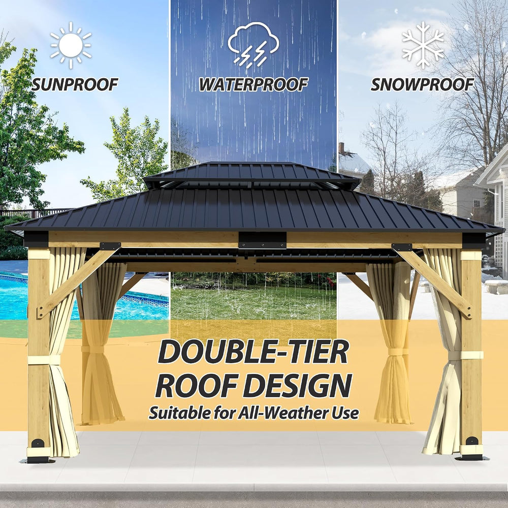 13'x15' Wood Gazebo, Outdoor Solid Wooden Gazebo with Double Roof Gal...