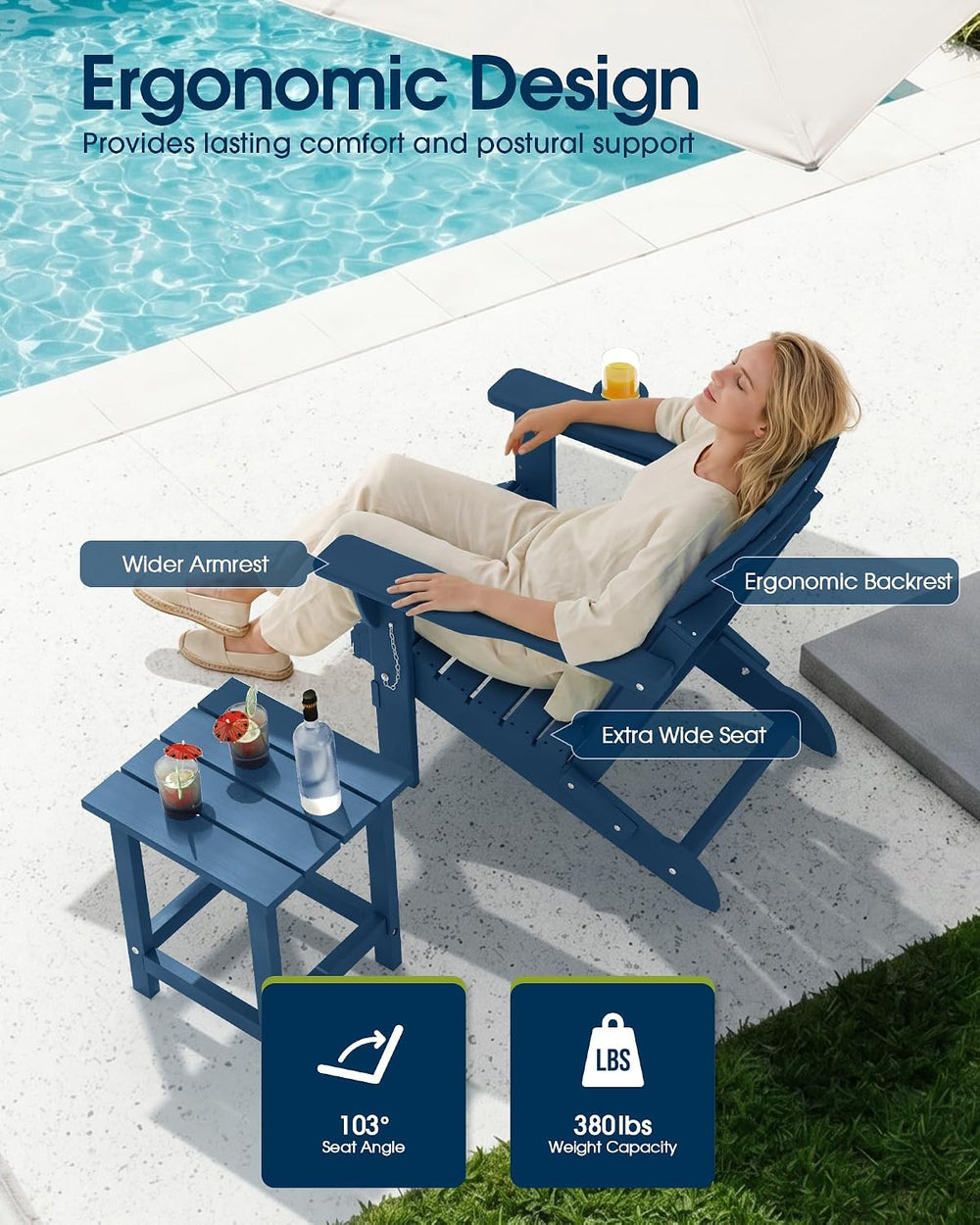MUCHENGHY Folding Adirondack Chairs Set 4, HDPE for Fire Pit, Navy Blue (Set ...