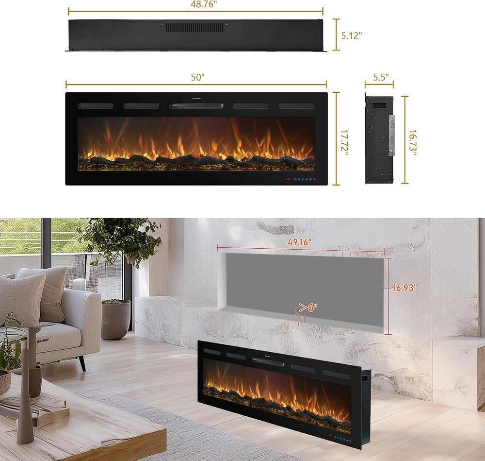 50" Electric Fireplace, Recessed or Wall Mounted, 5.5" Deep, 750W/1...