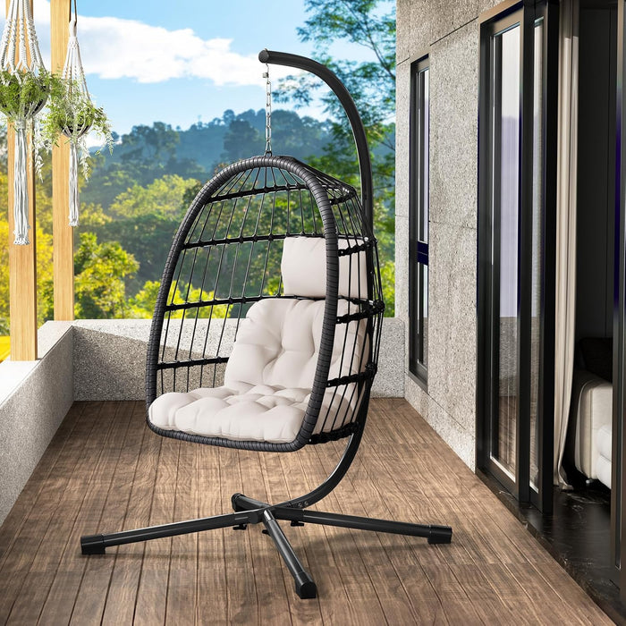 LEVELEVE Egg Chair with Stand,Patio Rattan Wicker Hanging Swing Egg Chair Hammock Chair for Bedroom Porch Garden,Thickened Aluminum Alloy Steel Frame and UV Resistant Cushion,350LBS Capacity(Beige)