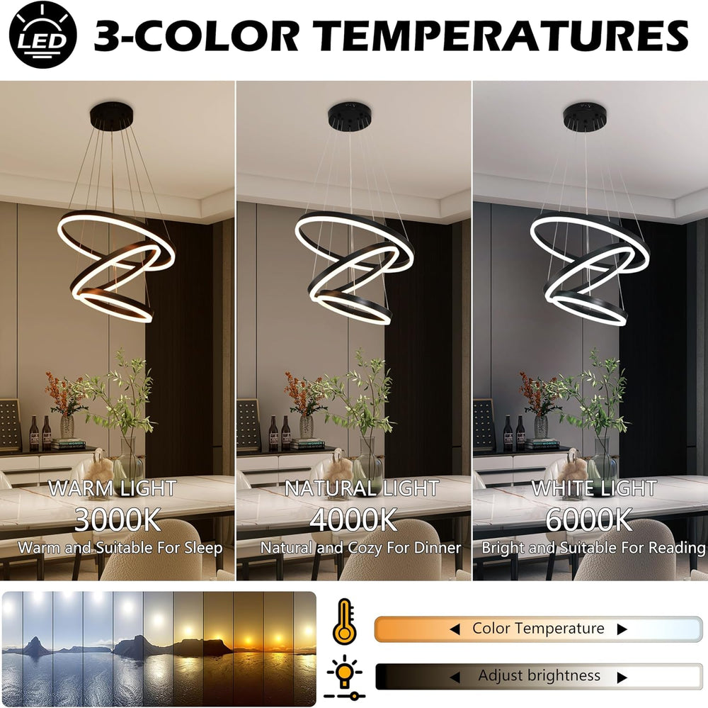 Modern Led Chandelier 3 Rings Black Pendant Lights Dimmable Chandeliers Color...