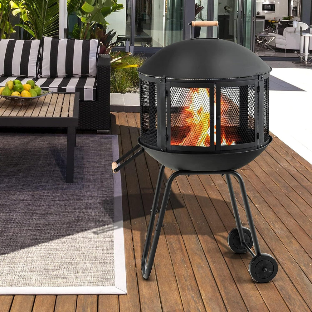 HAPPYGRILL 28” Outdoor Fire Pit with Lockable Doors, Fire Poker & Wheels