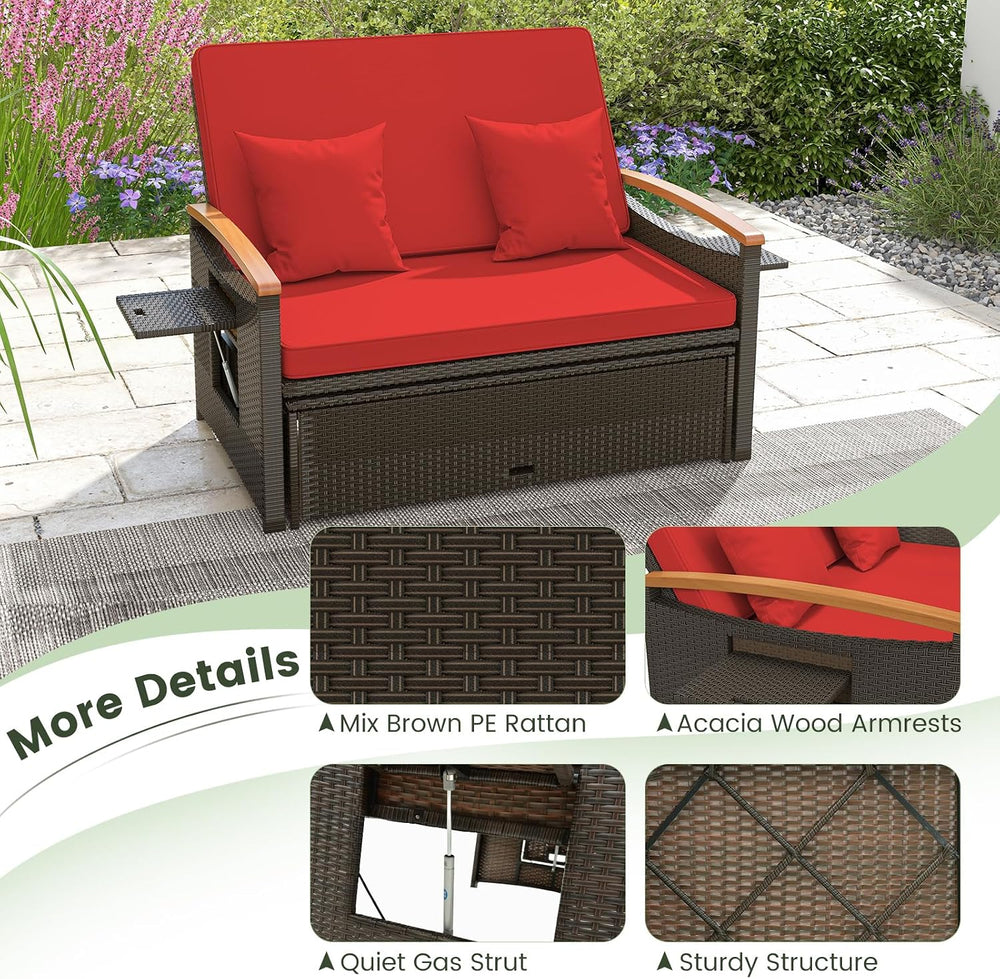 Tangkula Patio Rattan Daybed, Outdoor Wicker Loveseat, Mix Brown & Red