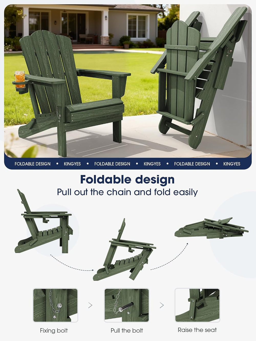 KINGYES Folding Adirondack Chair Set of 2 with Cup Holder, Avocado