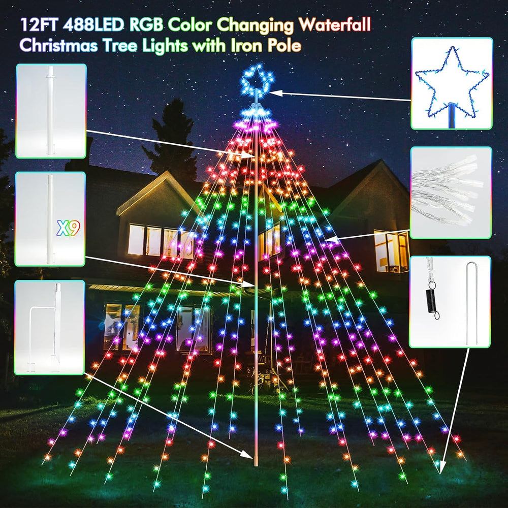 HOLILLUMA 12FT 488LED Outdoor Smart Waterfall Christmas Tree Lights