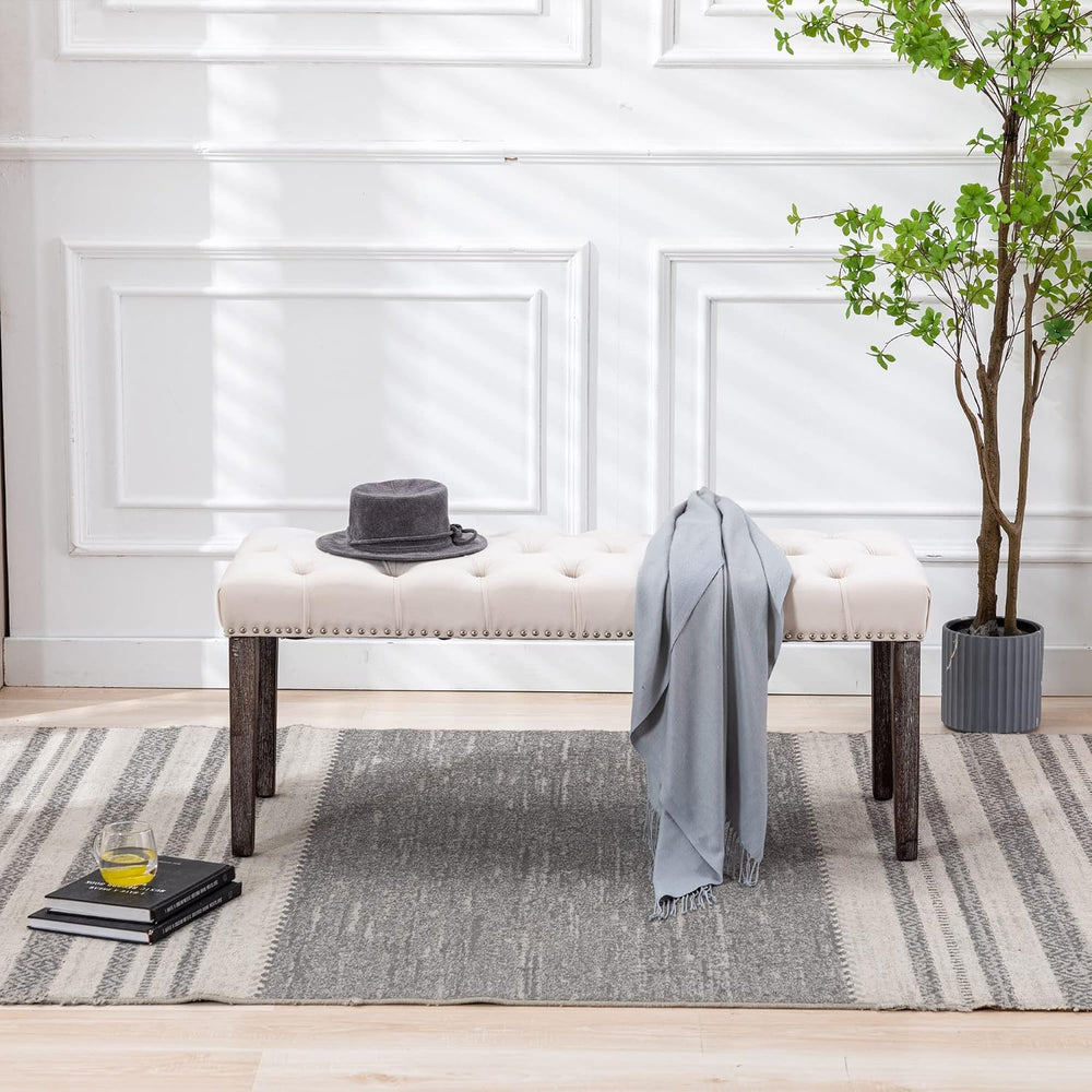 KCC Button-Tufted Ottoman Bench, Upholstered Velvet Bedroom Benches,Beige