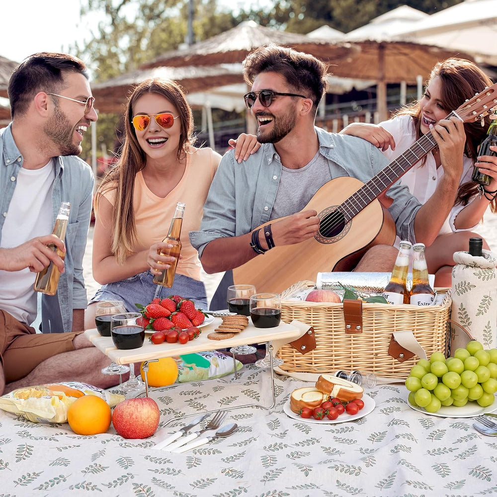 HappyPicnic Picnic Basket for 4, Handmade Wicker Picnic Set with Folding Tabl...
