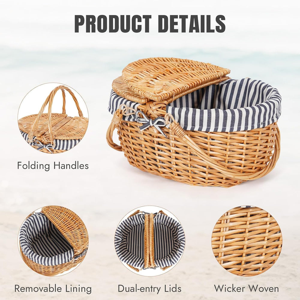 HappyPicnic Wicker Picnic Basket with Handle & Lid, 15" Vintage Hand...