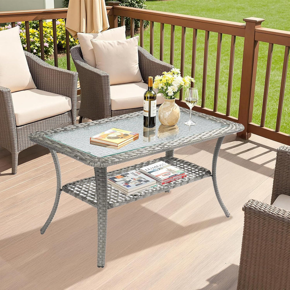 VINGLI Outdoor Coffee Table with Storage Wicker Patio Coffee Table, Tempered ...