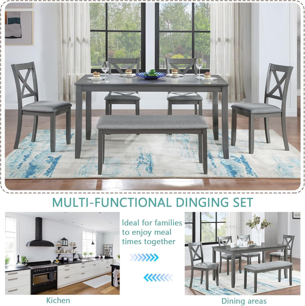 LUMISOL 6-Piece Dining Table Set with Bench, Farmhouse Solid Wood Kitchen Tab...