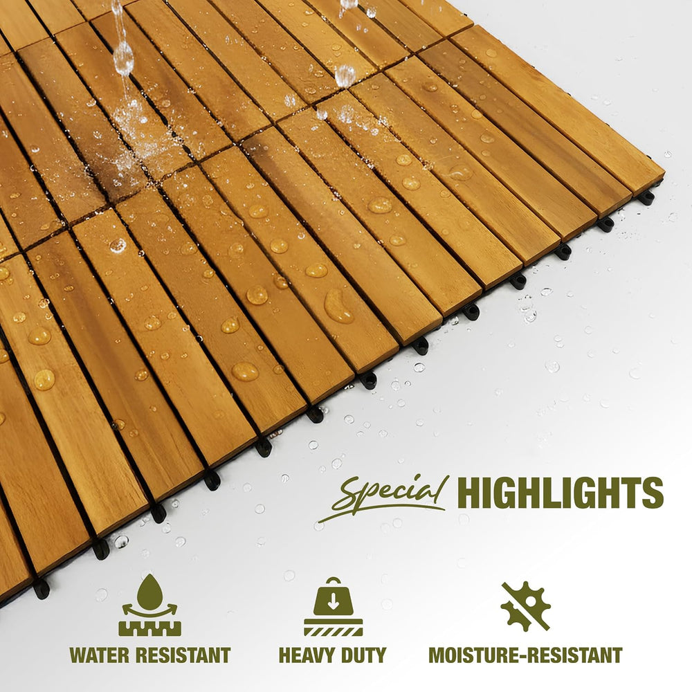 Acacia Wood Interlocking Deck Tiles, Patio & Backyard Tile, 12 in, 9 PCS