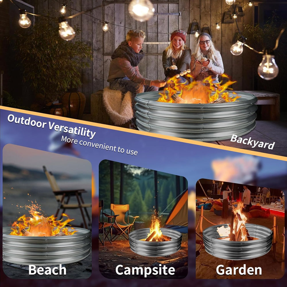 12 in Tall 60 Inch Diameter Round Galvanized Fire Pit Ring/Fire Ring Silver