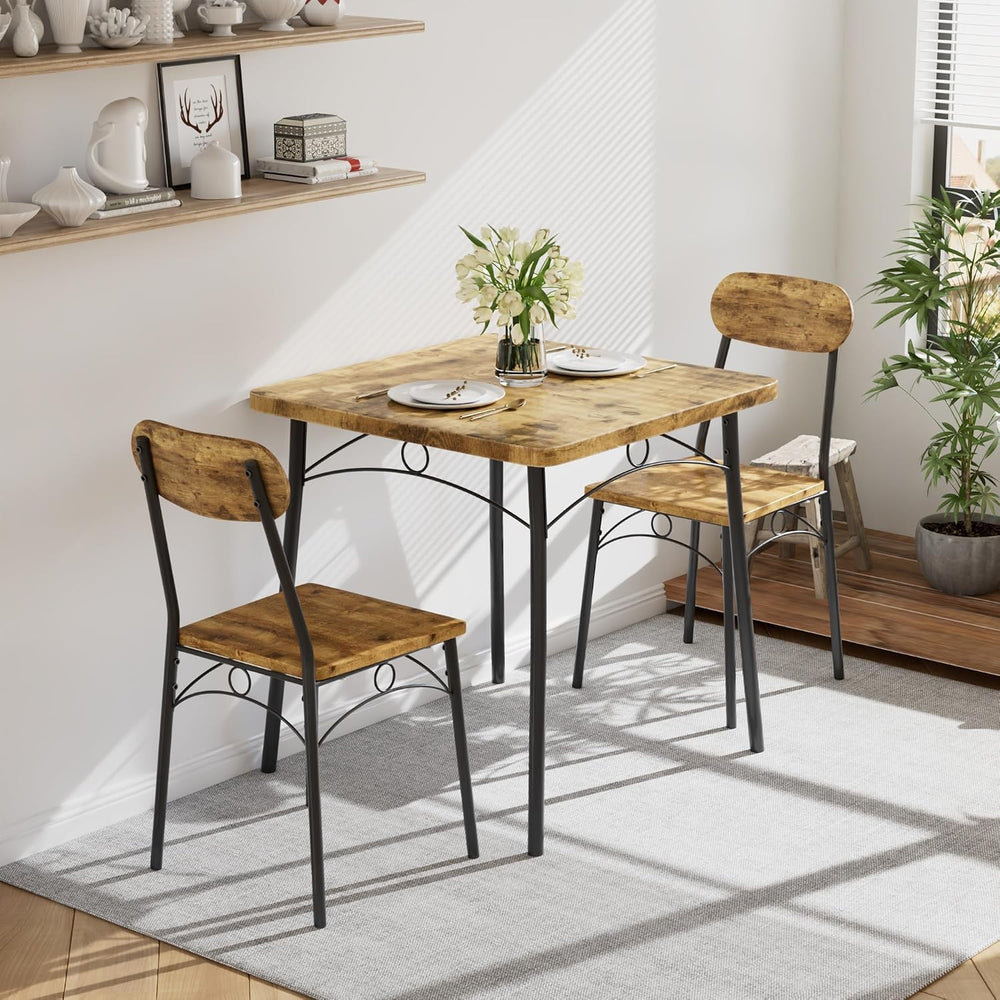 VECELO 3 Piece Small Dining Table Set for 2, Metal and Wood Square Kitchen Di...
