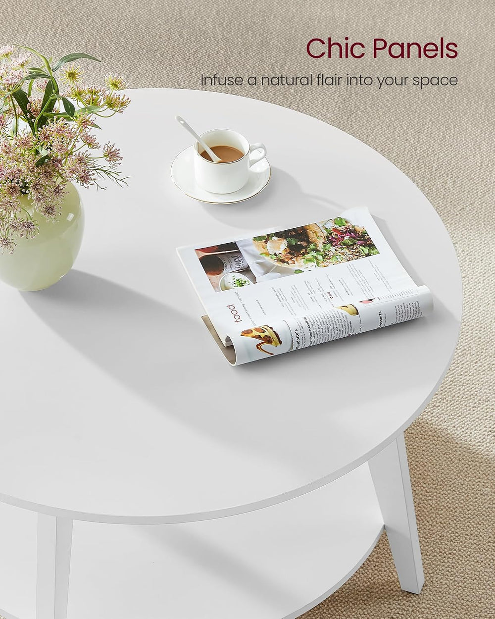 VASAGLE Round Coffee Table, 2-Tier Center Table with Storage, Tapered Legs