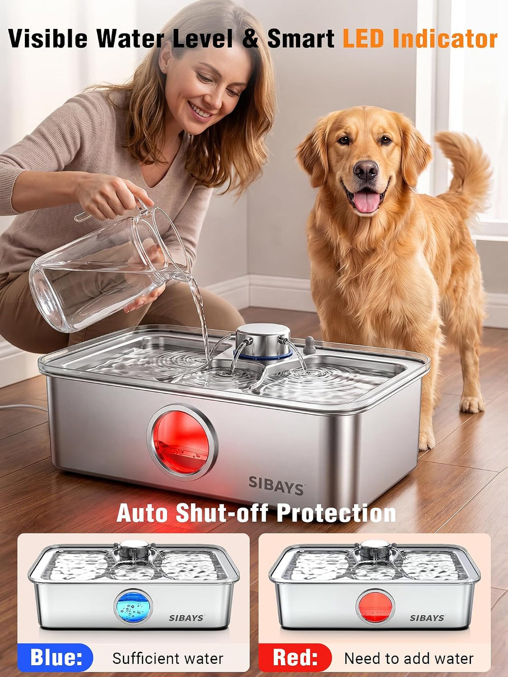 SIBAYS 17L Dog Water Fountain, Stainless Steel Pet Water Fountain FS83