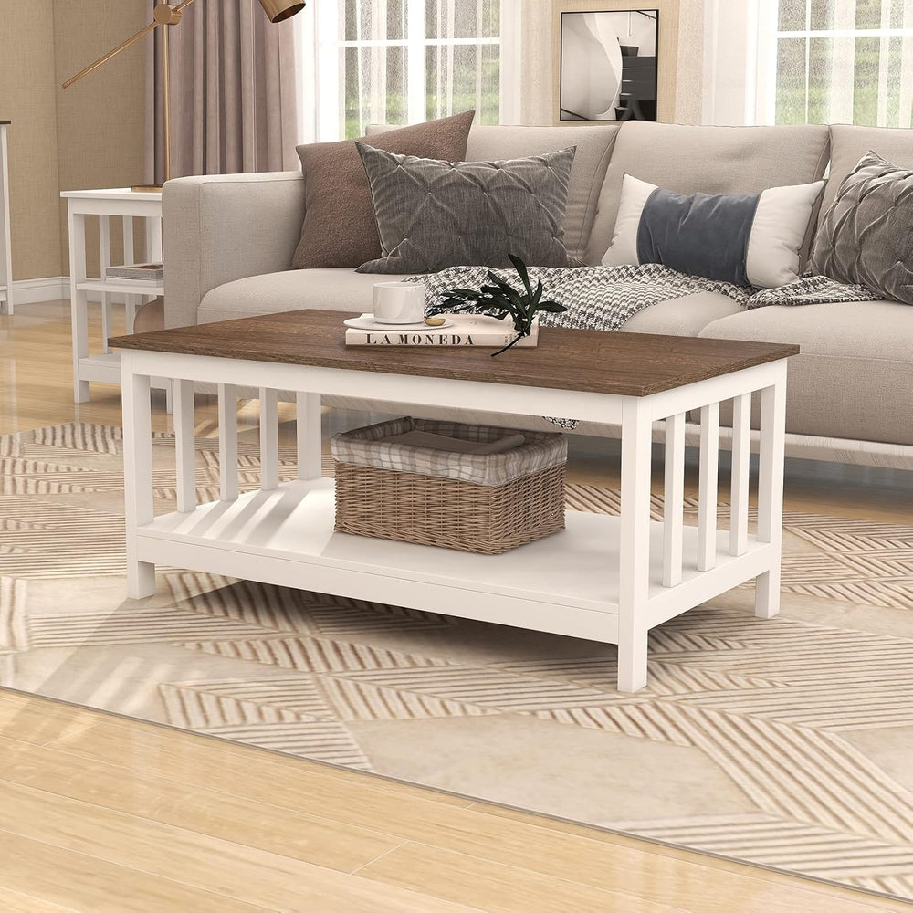 ChooChoo Farmhouse Coffee Table, White Living Room Table with Shelf, 40 Inch
