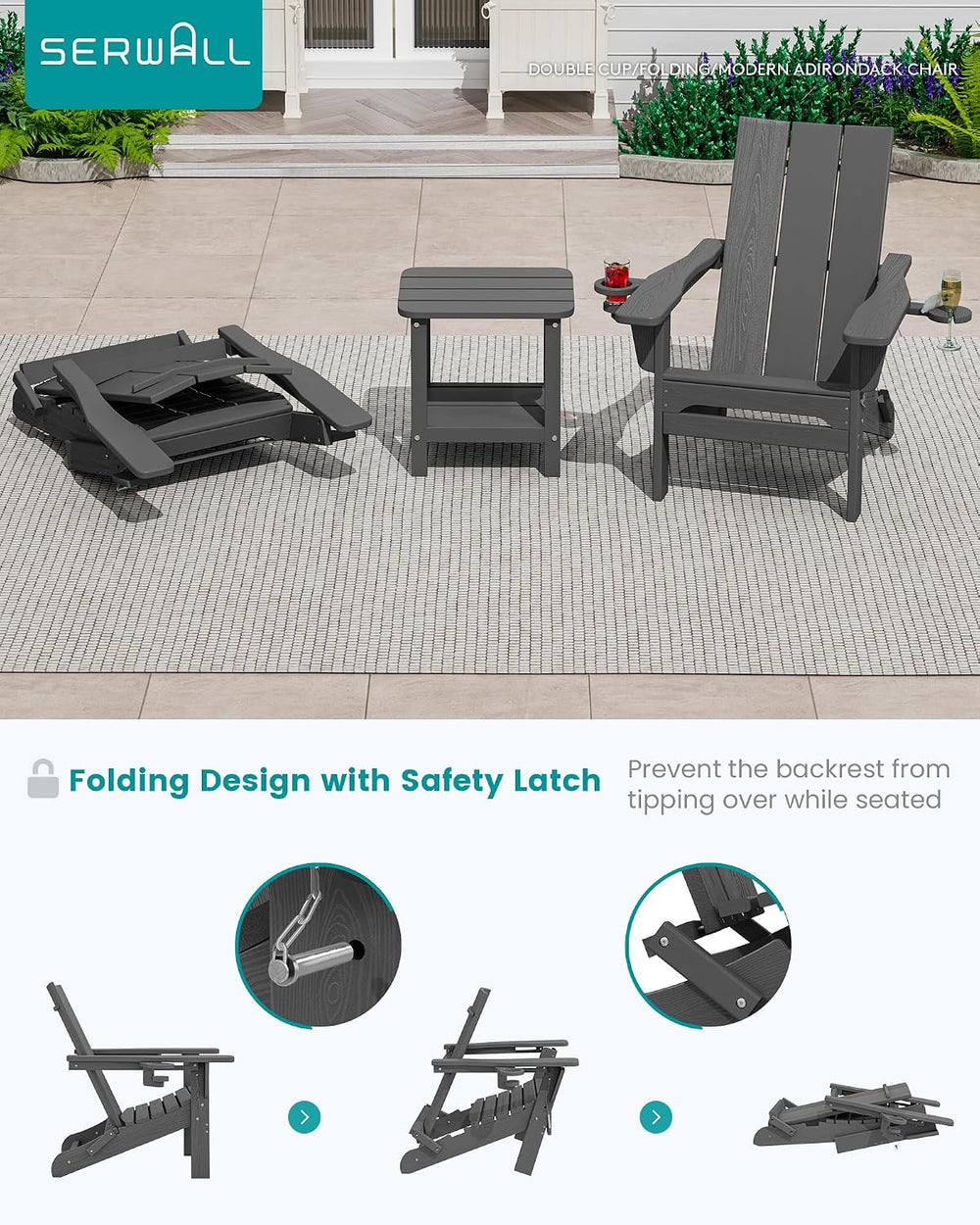 SERWALL HDPE Modern Folding Adirondack Chair with Dual Cup Holder, Gray