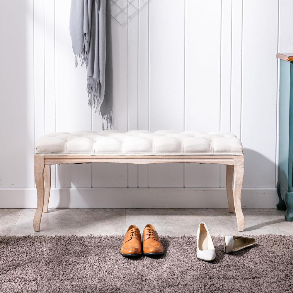 French Upholstered Tufted Entryway Bench, Mid-Century Vintage Linen Fabric Ot...
