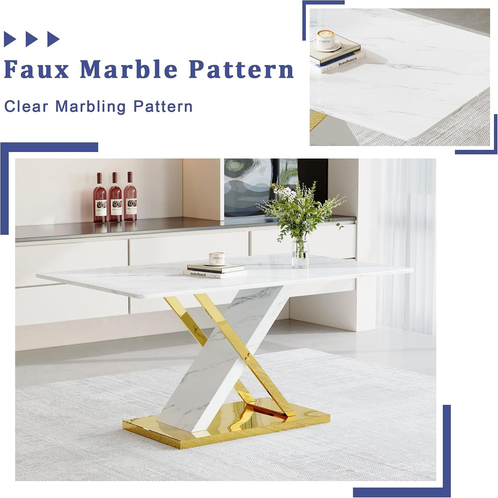 YUNDREAM Modern Marble Dining Table Set for 6,White Gold 63'' Dining ...