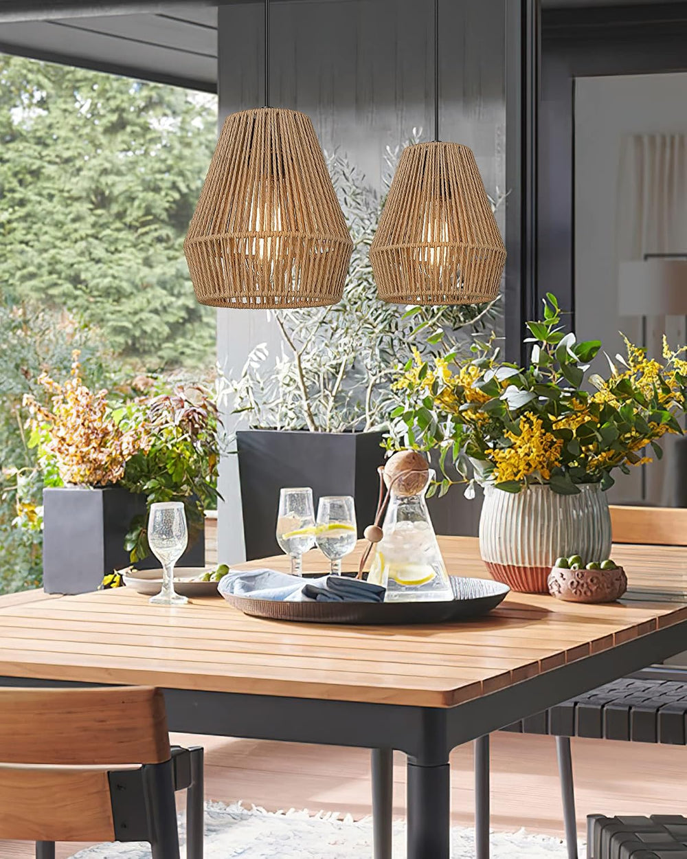 ELYONA 3 Pack Japandi Woven Pendant Lights 7” Modern Boho Hanging Lamp with H...