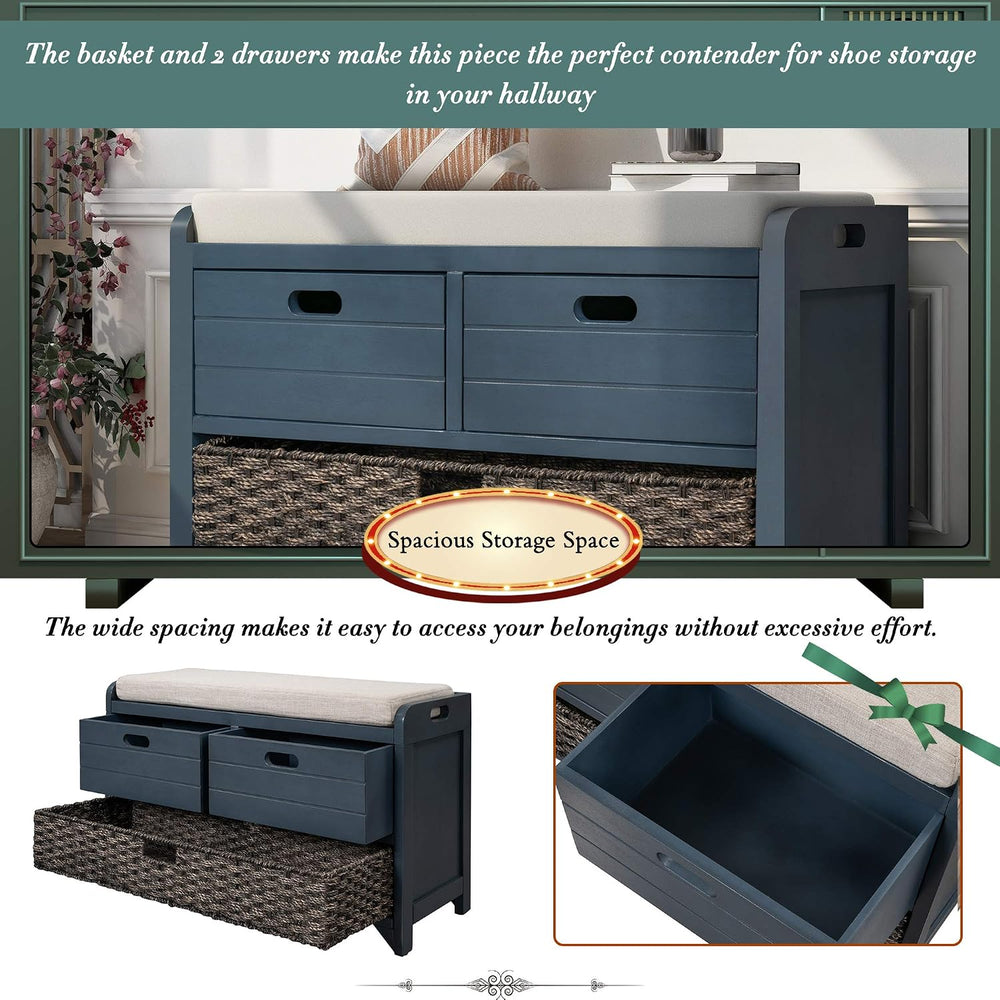Merax Classic Wood Shoe Storage Bench with 2 Drawers, Large Rattan Basket and...