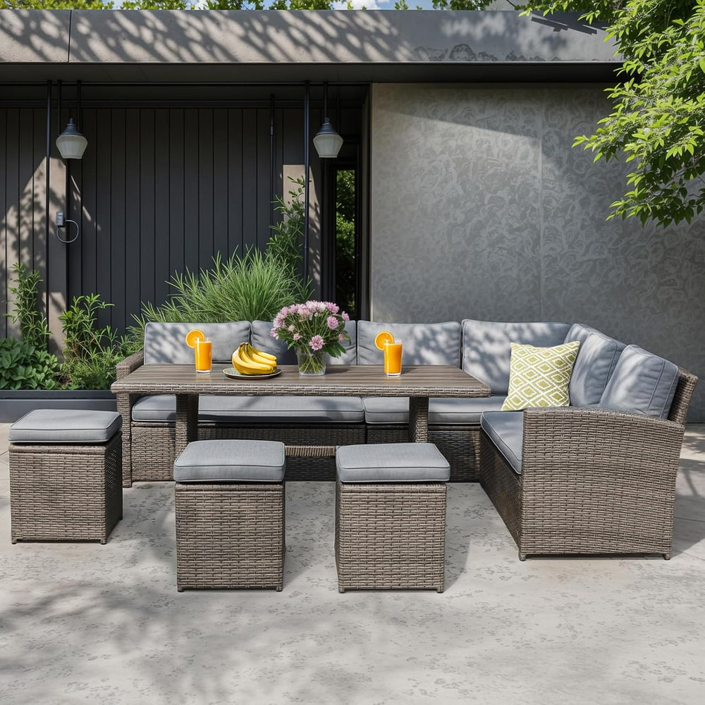 JOIVI 7 Piece Wicker Patio Furniture Set w/Dining Table & Ottomans, Gray