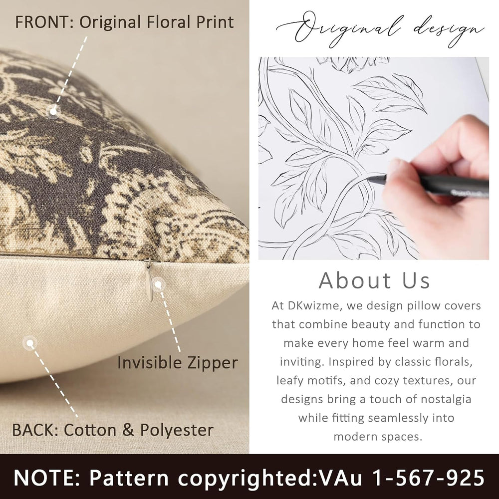 Vintage Floral Print Throw Pillow Covers 24x24 Set of 2 Neutral Modern Farmho...