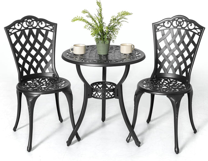 NUU GARDEN 3 Piece Outdoor Bistro Table Set, All Weather Cast Aluminum Patio Bistro Sets Patio Table and Chairs Set of 2 with Umbrella Hole for Yard, Garden, Balcony, Black